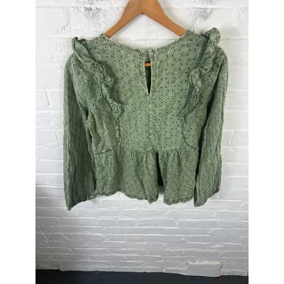 Anthropologie Eri + Ali Women's Victoria Eyelet Ruffle Blouse Top Green Size M - Picture 4 of 7